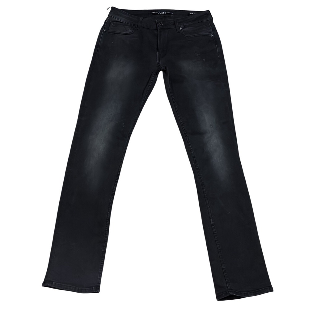 Size 31 X 32 - Guess Men's Finnley Slim Tapered Destroyed Jeans Black Eco Denim